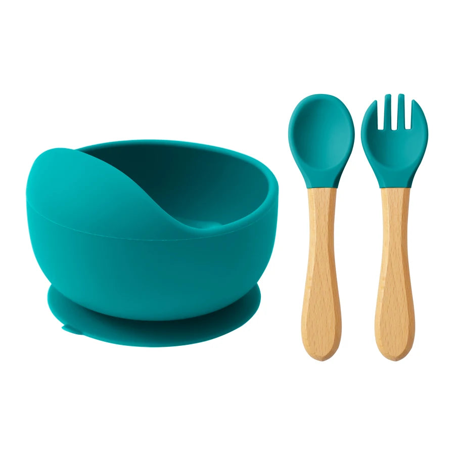 Mamaplan 3PCS Baby Silicone Feeding Set Toddler Suction Bowl Feeding Training Spoon Fork Baby Dishes Plate Baby Accessories Purest Peak
