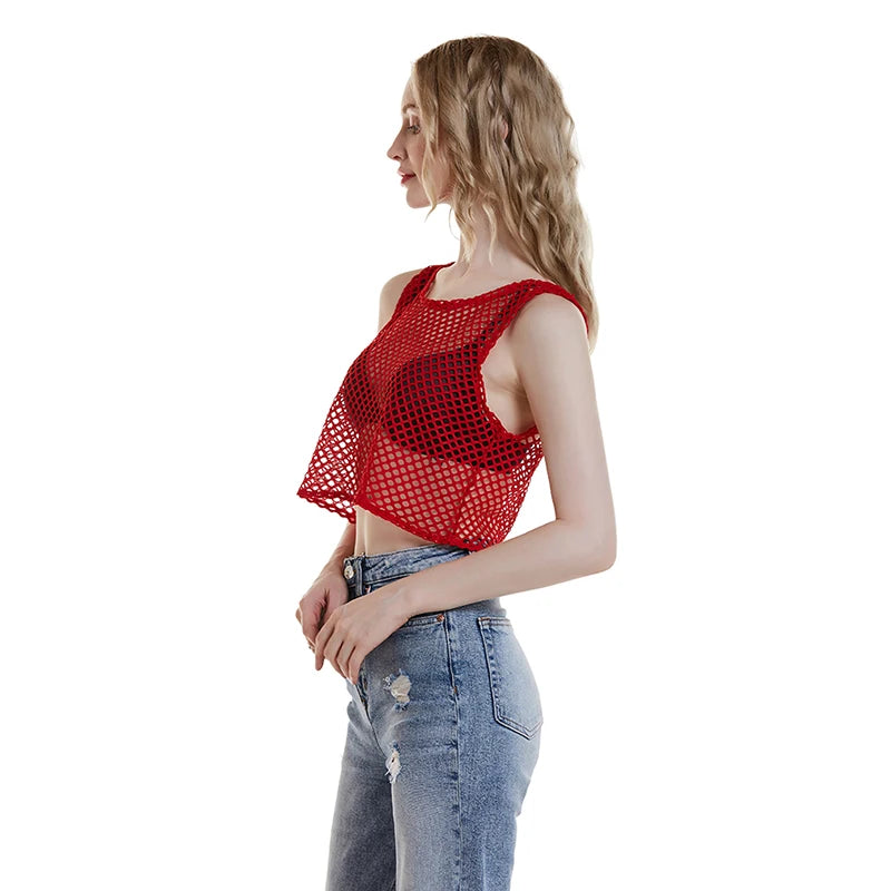 Sexy Black/Red Hollow Out Crop Top 2023 Mesh T-shirt Female Loose Fashion Summer Basic Tops For Women Fishnet Shirt Quick Pick Grocers