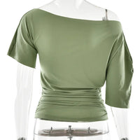 Off Shoulder Ruched Crop Top Women Basics Solid Color Skew Collar Short Sleeve T-shirts Summer Casual Streetwear Tees Quick Pick Grocers