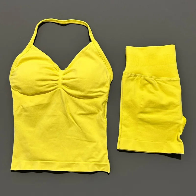HISTELLO 2 Pieces Sports Set Women Yoga Longline Strap Top Scrunch Seamless Shorts Sport Gym Set Sportswear Workout Fitness Set Quick Pick Grocers