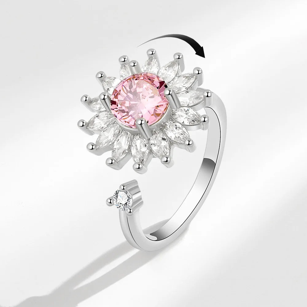 VENTFILLE 925 Sterling Silver Sunflower Diamond Zircon Rotatable Ring For Women Gift Relieve Stress Ring Jewelry Wholesale Quick Pick Grocers