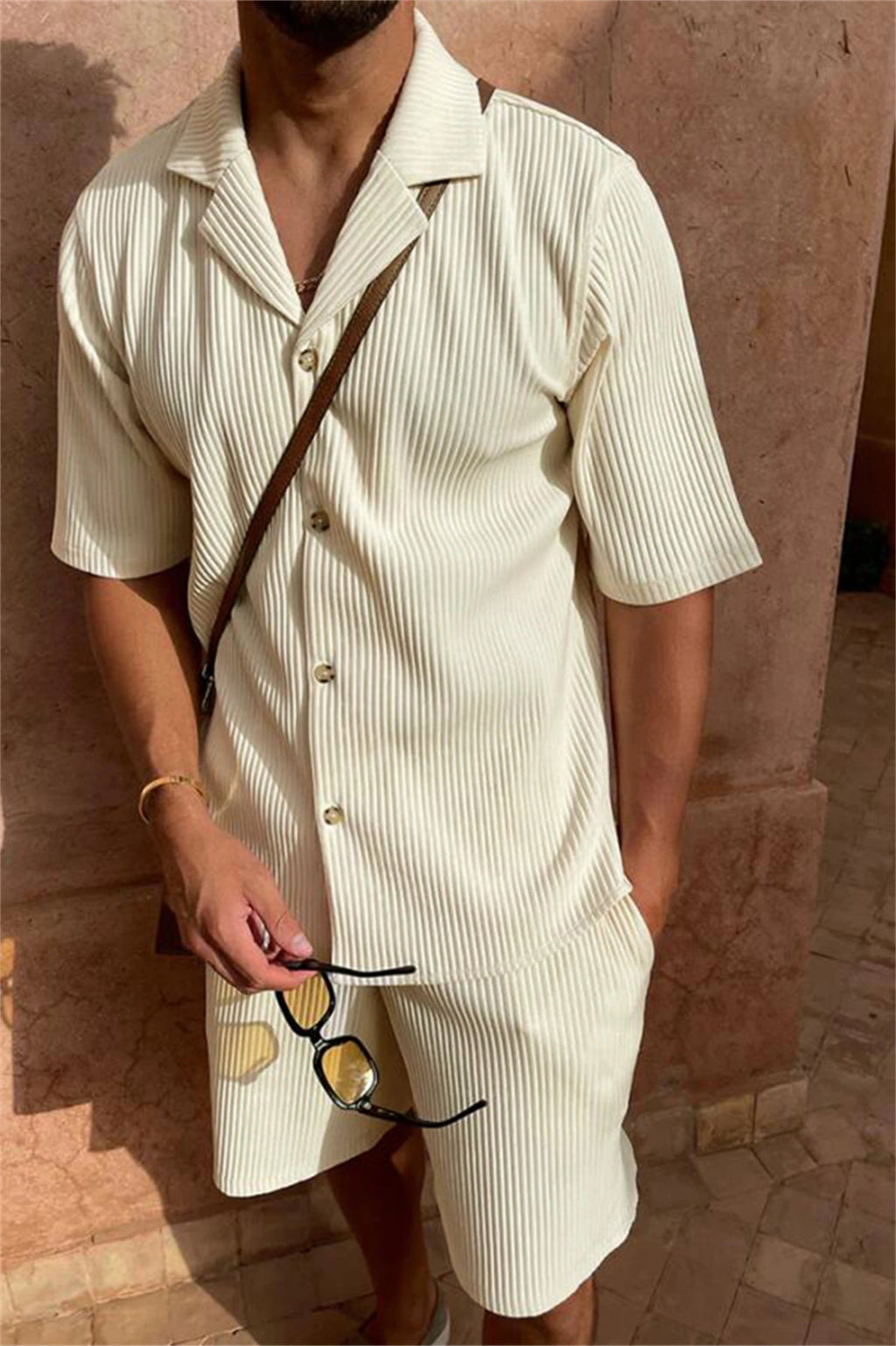 Spring/Summer suit Solid color corduroy shorts sleeve shirt and shorts stretch beach casual suit Quick Pick Grocers