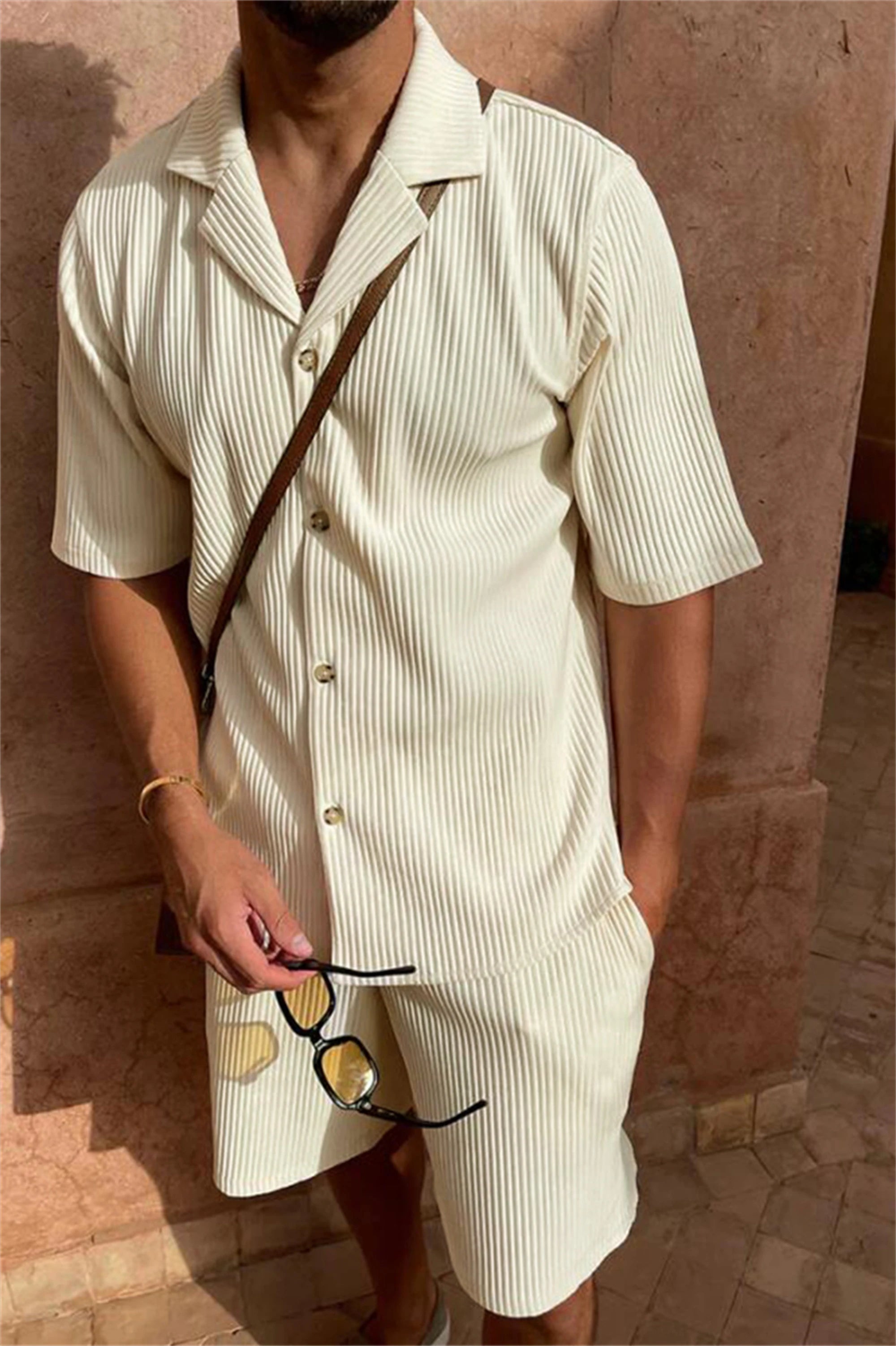 Spring/Summer suit Solid color corduroy shorts sleeve shirt and shorts stretch beach casual suit Quick Pick Grocers