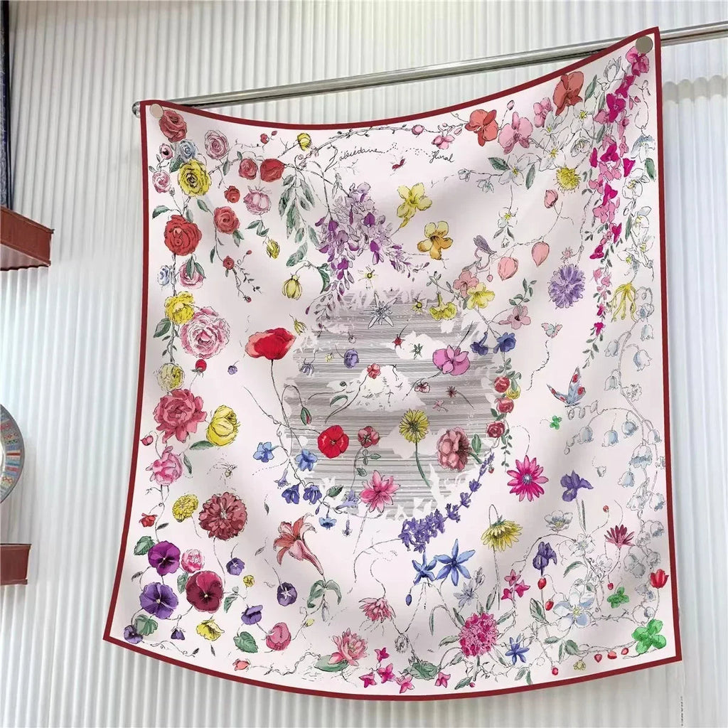 90Cm French Jungle Large Square Scarf Decorative Fashion Trend Flowers High Quality Twill Silk Travel Shawl Sunscreen Quick Pick Grocers