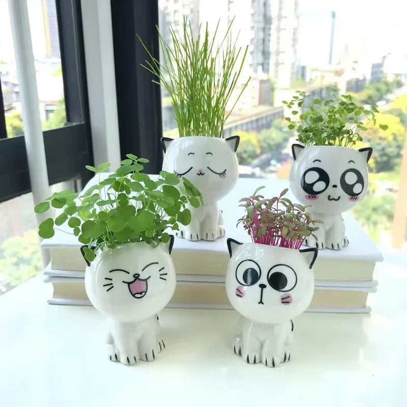1pc Ceramic Flowerpot Mini Cat Cartoon Cute Plant Desktop Potted Plant Pot DIY Decorate Toys Science Education School Gifts Quick Pick Grocers