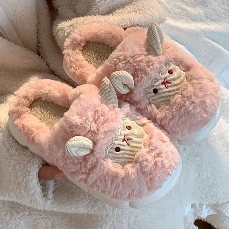 Winter Cartoon Plush Slippers Warm Fluffy Faux Fur Sheep Design Indoor Home Couple Cotton Slippers for Men And Women Purest Peak