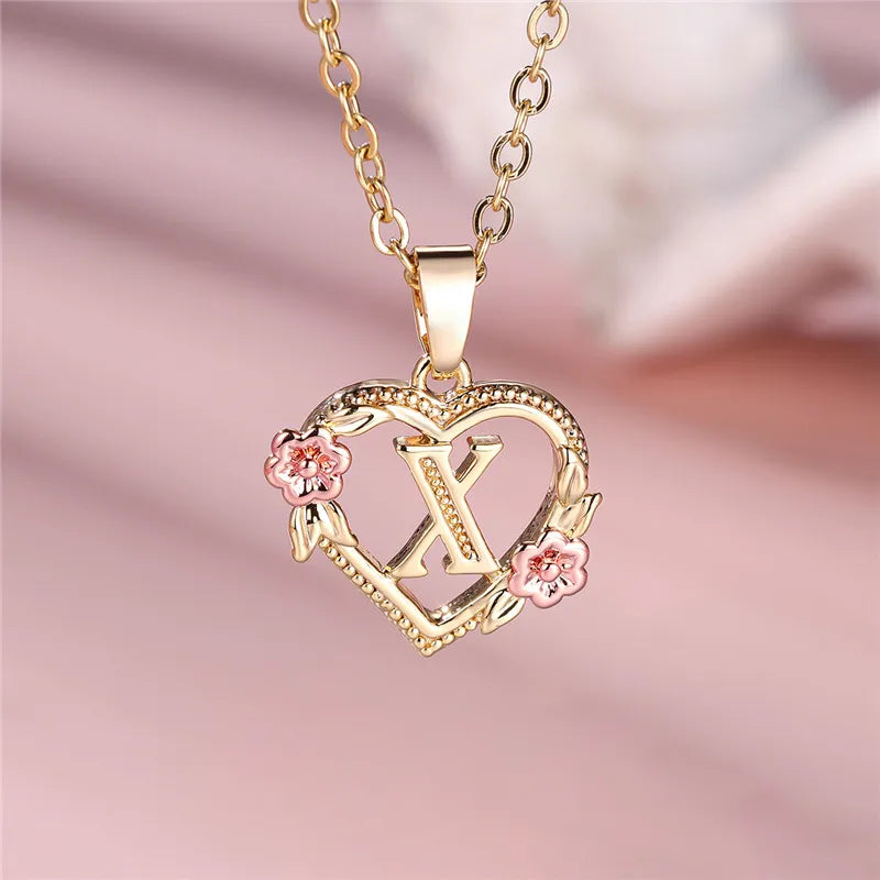 Female A-Z Letter Flower Pendant Necklace Yellow Gold Color Wedding Jewelry Gift For Women Quick Pick Grocers