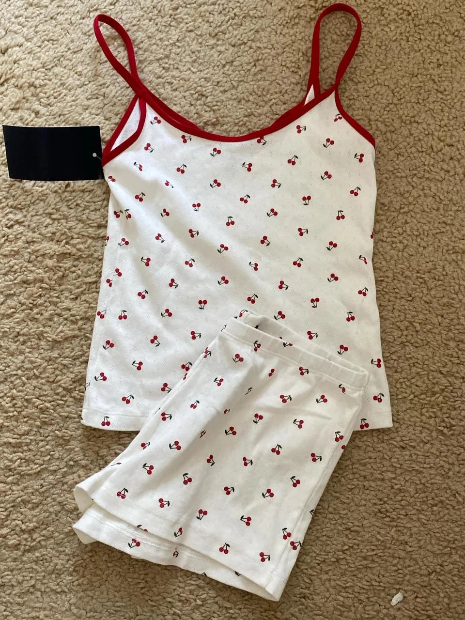 Strawberry Vest Shorts 2 Pieces Set Woman Eyelet Bow Slim Tank Top with Elastic Waist Patchwork Straight Short Pant Sweet Sets Quick Pick Grocers