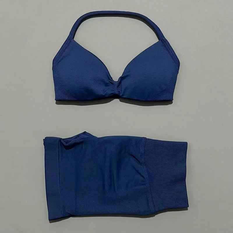 HISTELLO Gym Set 2 Piece Women Strappy Yoga Bra Top Workout Scrunch Shorts Sports Suit Fitness Clothes Seamless Yoga Set Quick Pick Grocers