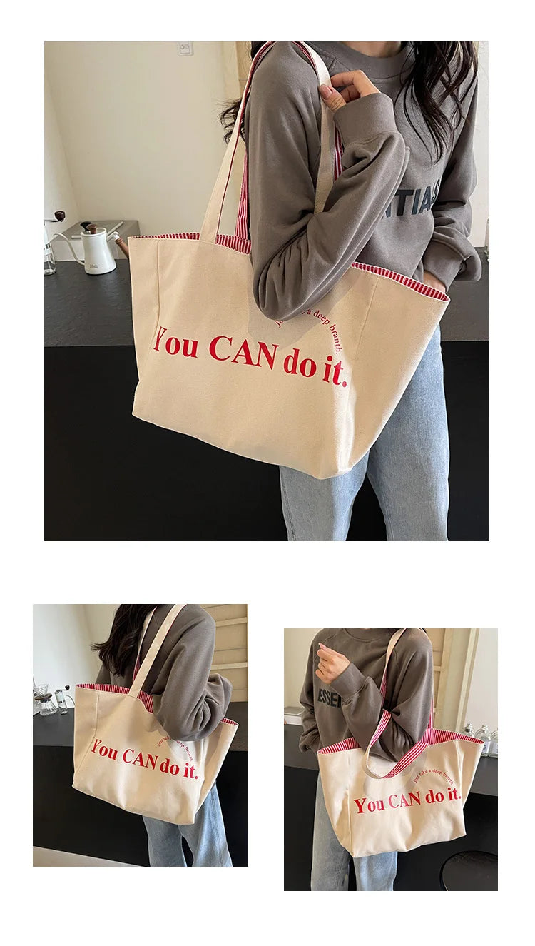 Casual Large Stripe Women's Shoulder Bag 2025 New Fashion Commuter Tote Bag High Capaci Canvas Handbag for Youth bolso mujer Quick Pick Grocers