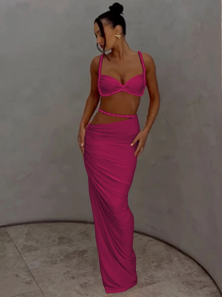 kliou Woven Sexy Women 2 Piece Set Stunning Hot Solid Pleated Crop Camisoles+High Waist Maxi Skirts Female Trend Vacation Outfit Quick Pick Grocers