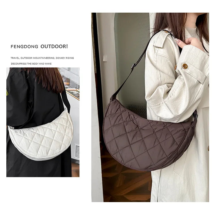 Waist Half Moon Belt Bag Solid Color Crossbody Bag Large Capacity Shoulder Bags Portable Nylon Plaid Travel Bags for Commuting Quick Pick Grocers