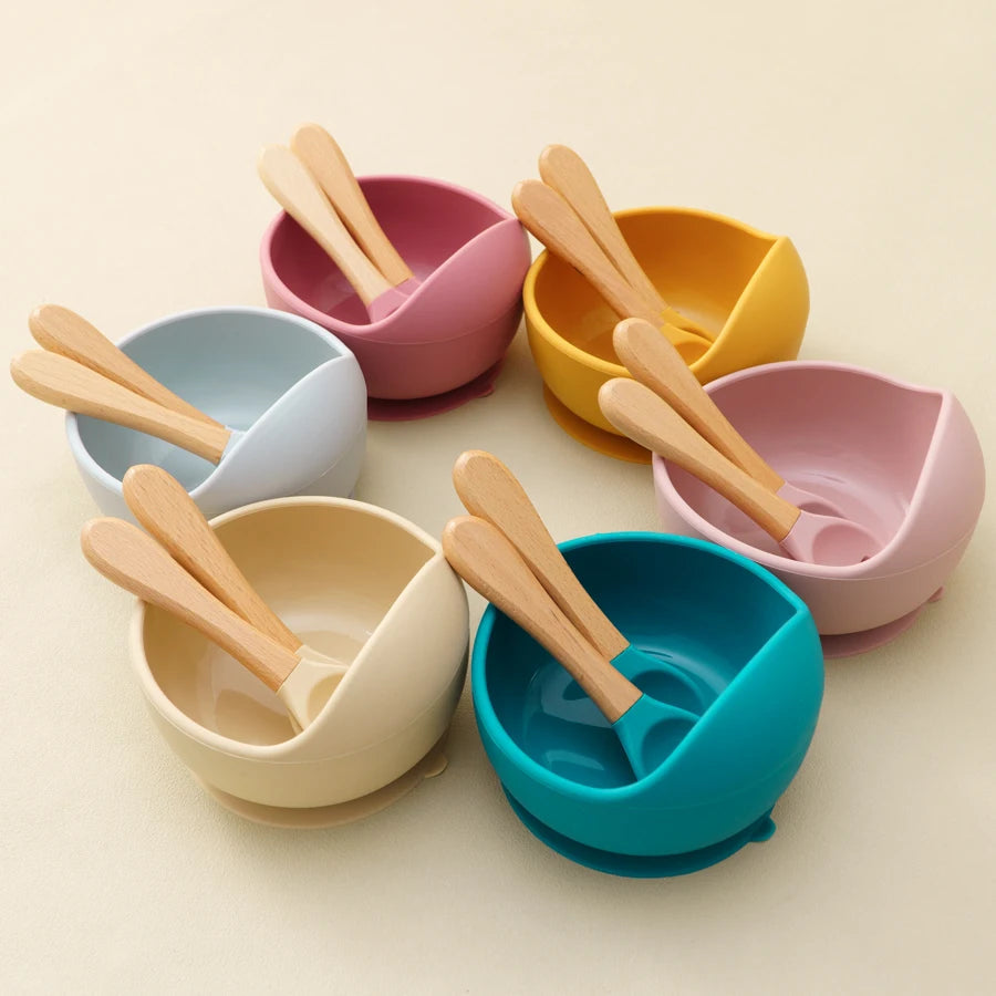 Mamaplan 3PCS Baby Silicone Feeding Set Toddler Suction Bowl Feeding Training Spoon Fork Baby Dishes Plate Baby Accessories Purest Peak