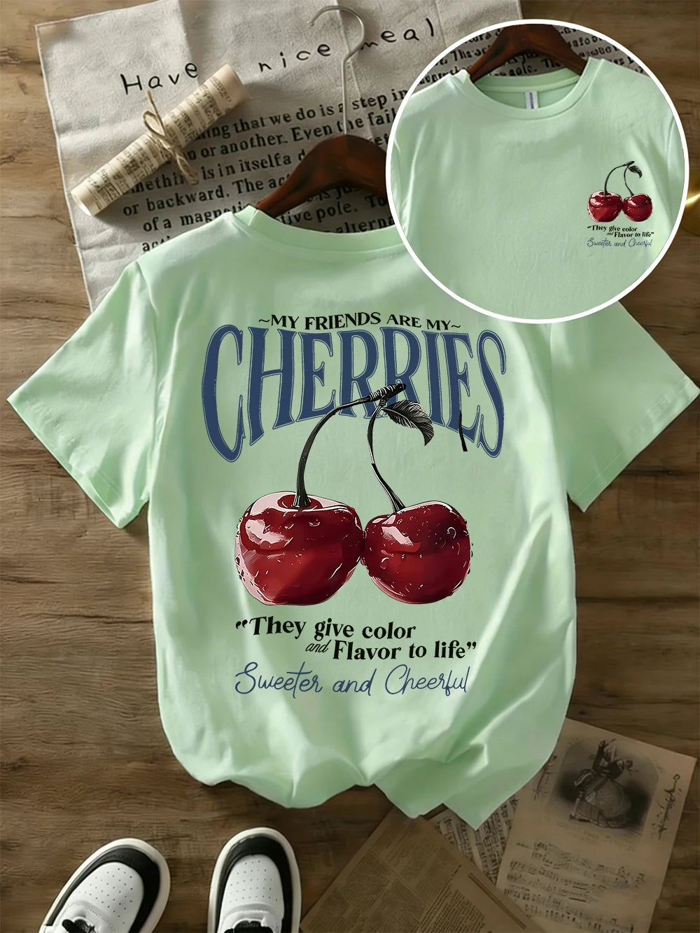Summer Sweeter Cherries Prints T-Shirts Womens Cotton Oversized T Shirts Basic O-Neck Short Sleeve Tops Casual Woman Clothes Quick Pick Grocers