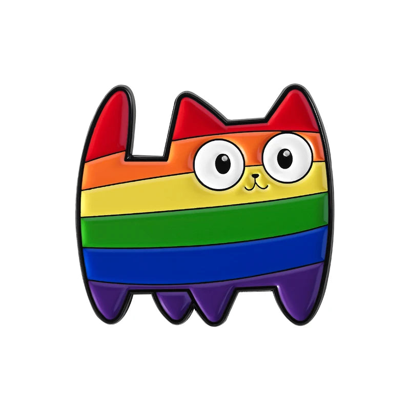 LGBT Pride Rainbow Striped Cat Brooch Enamel Pins Cute Cartoon Big Eye Kitten Brooch Lapel Badge Animal Jewelry Gift for Friends Quick Pick Grocers