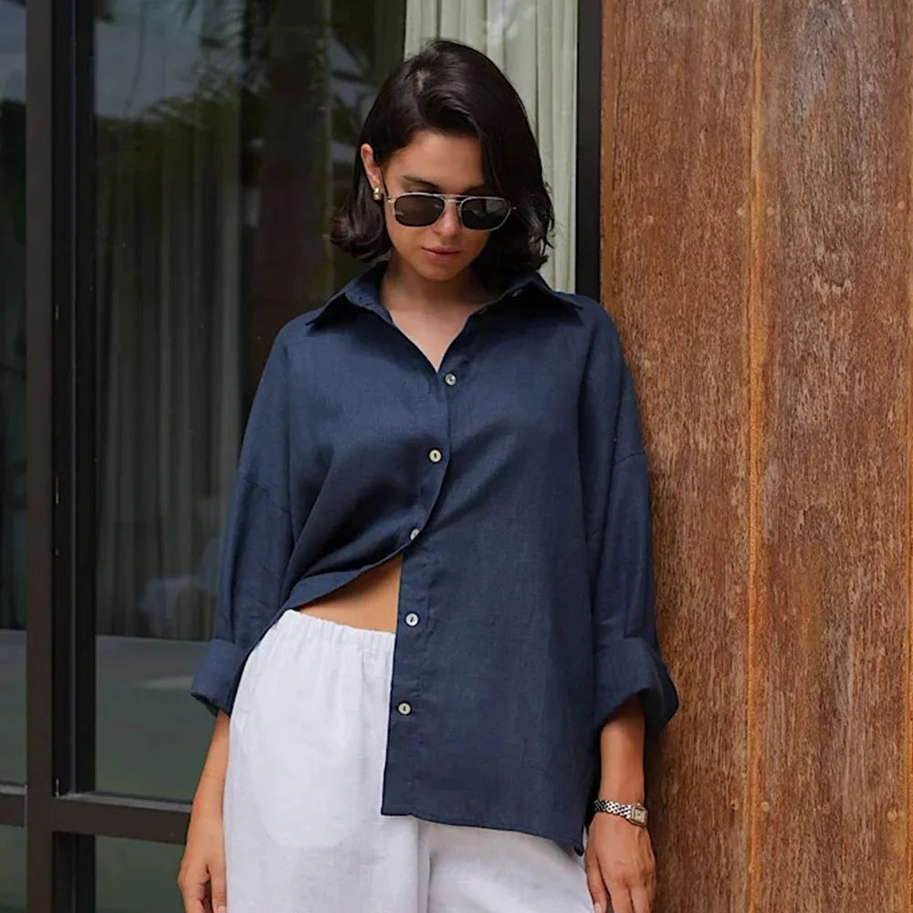 Bornladies 100% Cotton Spring Summer Versatile Lazy Casual Shirt Women's Fashionable Solid Color Loose Shirt Cardigan Shirt Econic Blanks