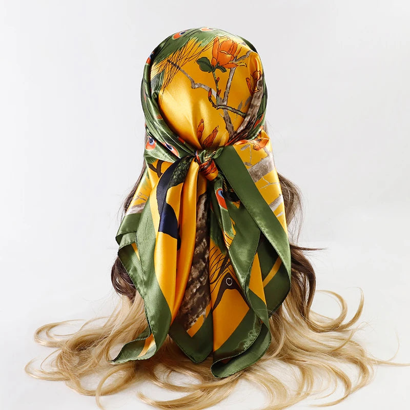 Handkerchiefs Hair Silk Scarf 90*90cm Print Satin Big Square Silk Scarves Shawls for Women Luxury Brand Designer Hijab Headband Quick Pick Grocers