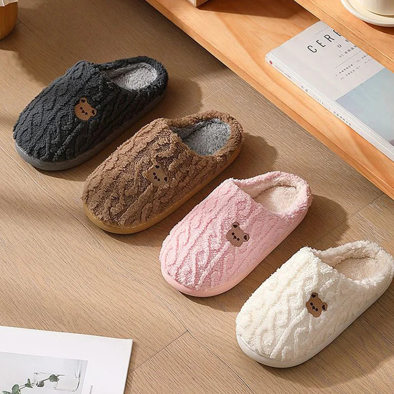 Winter Fluffy Shoes Women Cotton Slippers Cartoon Bear Thick Sole Warm Slides Men Female Couple House Indoor Plush Flat Shoes Purest Peak