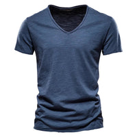Brand Quality 100% Cotton Men T-shirt V-neck Fashion Design Slim Fit Soild Male Tops Tees Short Sleeve Quick Pick Grocers