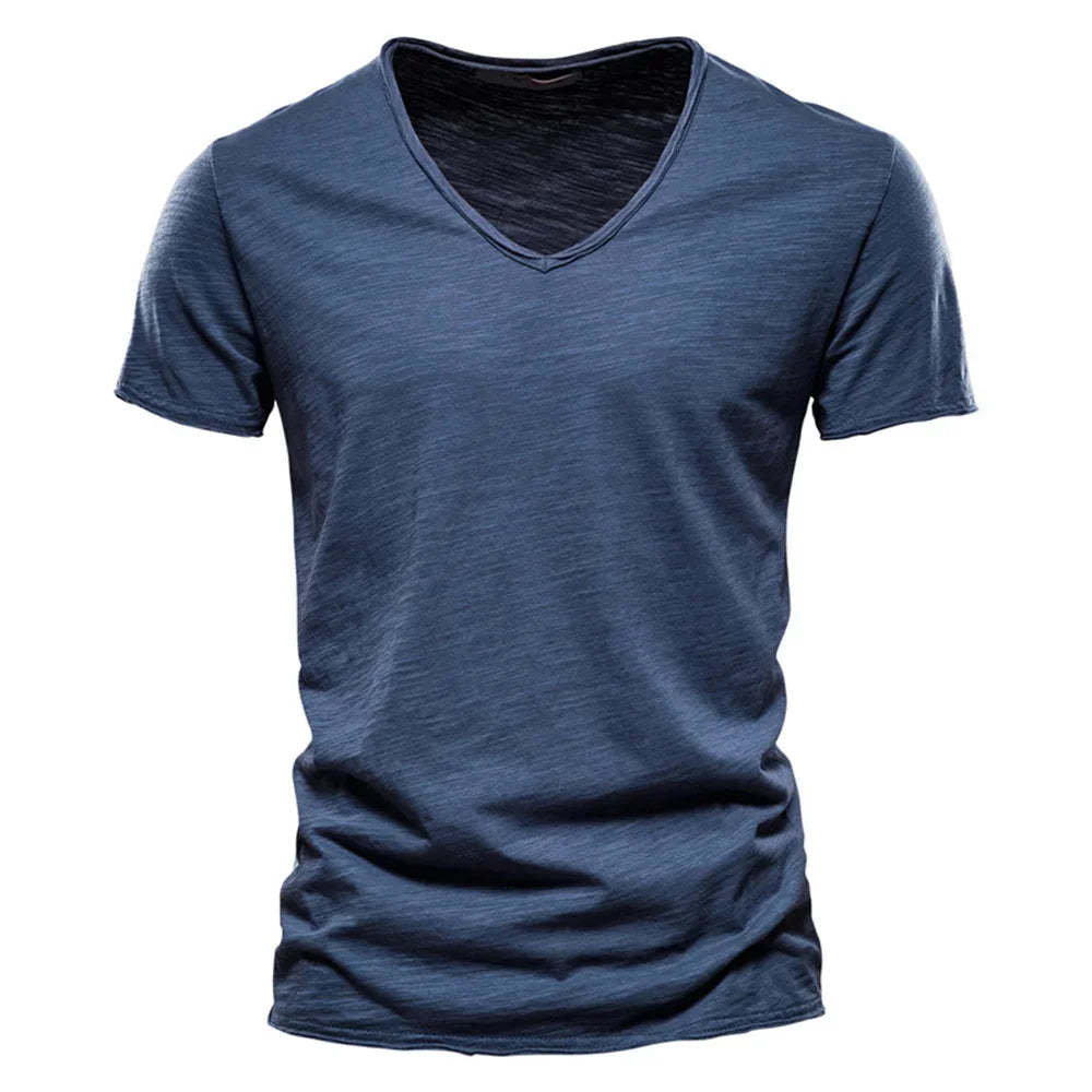 Brand Quality 100% Cotton Men T-shirt V-neck Fashion Design Slim Fit Soild Male Tops Tees Short Sleeve Quick Pick Grocers