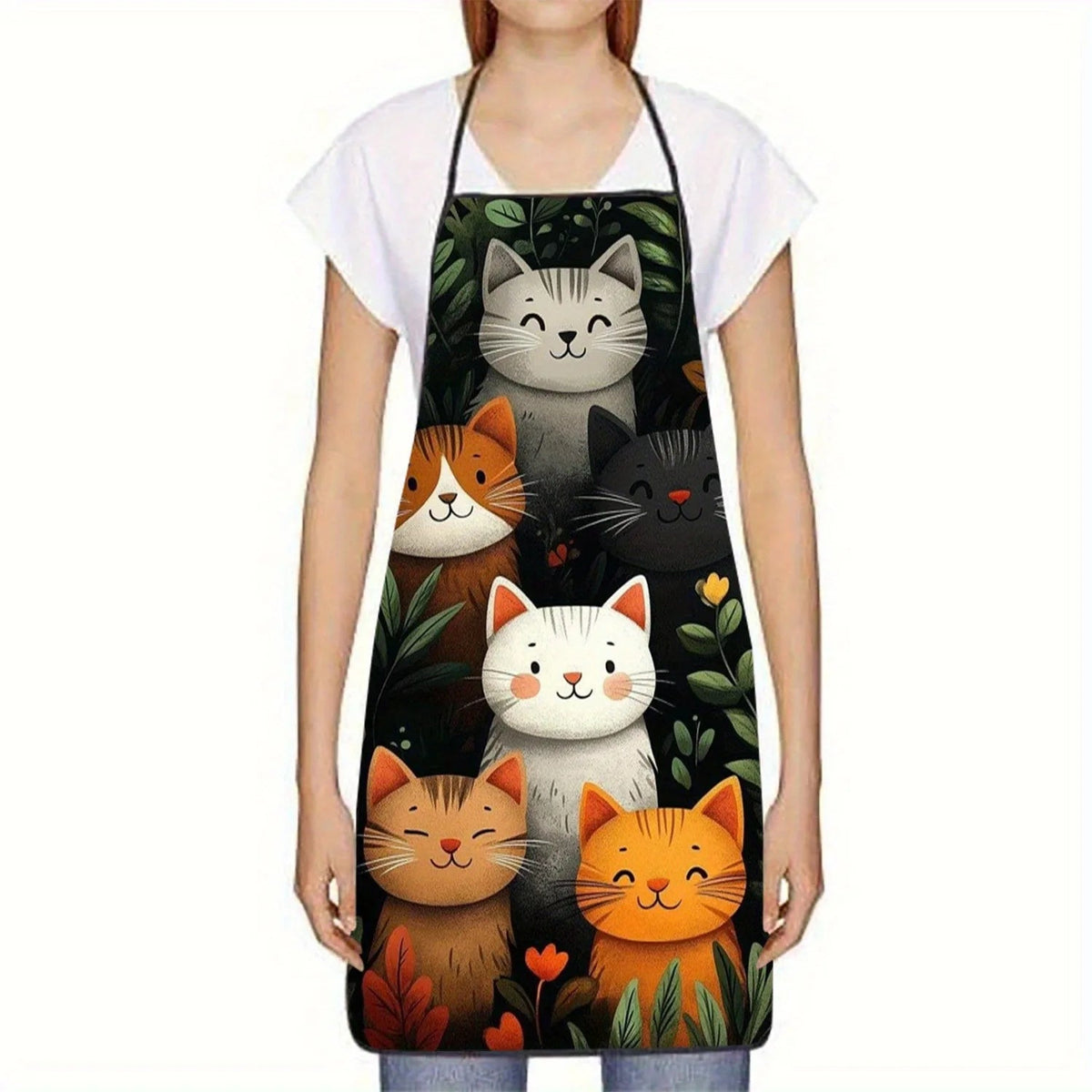 Cute Cat Pattern Polyester Apron  Vibrant Cartoon Cats with Hearts & Stars DesignKitchen Apron for Cooking, Baking Home Decor Quick Pick Grocers