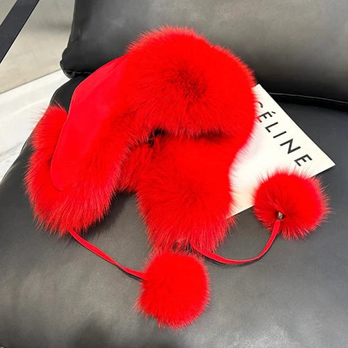 2025 100% Real Fox Fur Hats Women's Russian Ushanka Aviator Trapper Snow Skiing Hat Caps Earflap Winter Raccoon Fur Bomber Hat Purest Peak