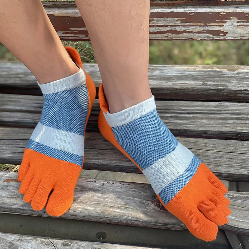 5 Pairs Five Finger Ankle Sport Socks Cotton Mens Striped Mesh Breathable Shaping Anti Friction No Show Socks With Toes EUR39-46 Quick Pick Grocers