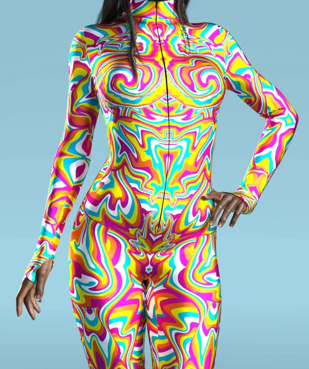 Colorful Rainbow Abstract Geometry 3D Print Women Sexy Skinny Jumpsuit Carnival Holiday Party Cosplay Costumes Fancy Bodysuit Quick Pick Grocers