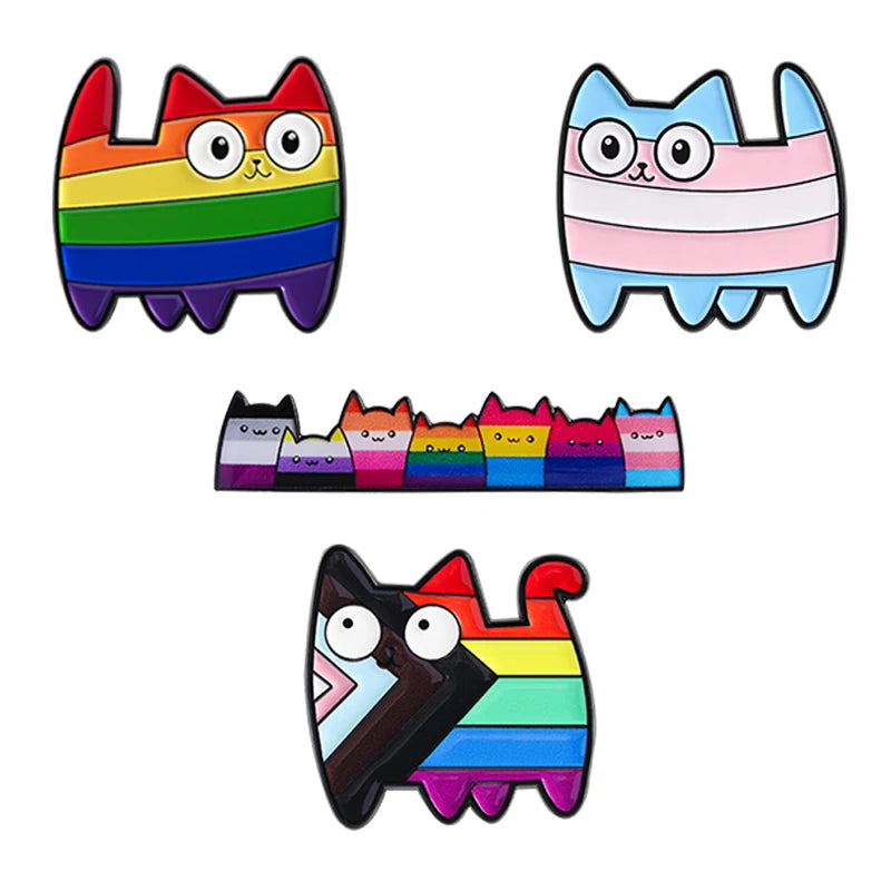 LGBT Pride Rainbow Striped Cat Brooch Enamel Pins Cute Cartoon Big Eye Kitten Brooch Lapel Badge Animal Jewelry Gift for Friends Quick Pick Grocers