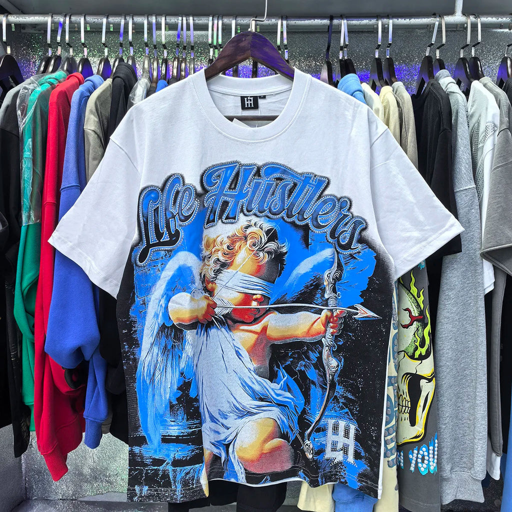Praying Angel Shinning Diamond Cotton Short Sleeve Tshirts for Men and Women Crew Neck Loose Summer T-shirt Oversized Tees Quick Pick Grocers