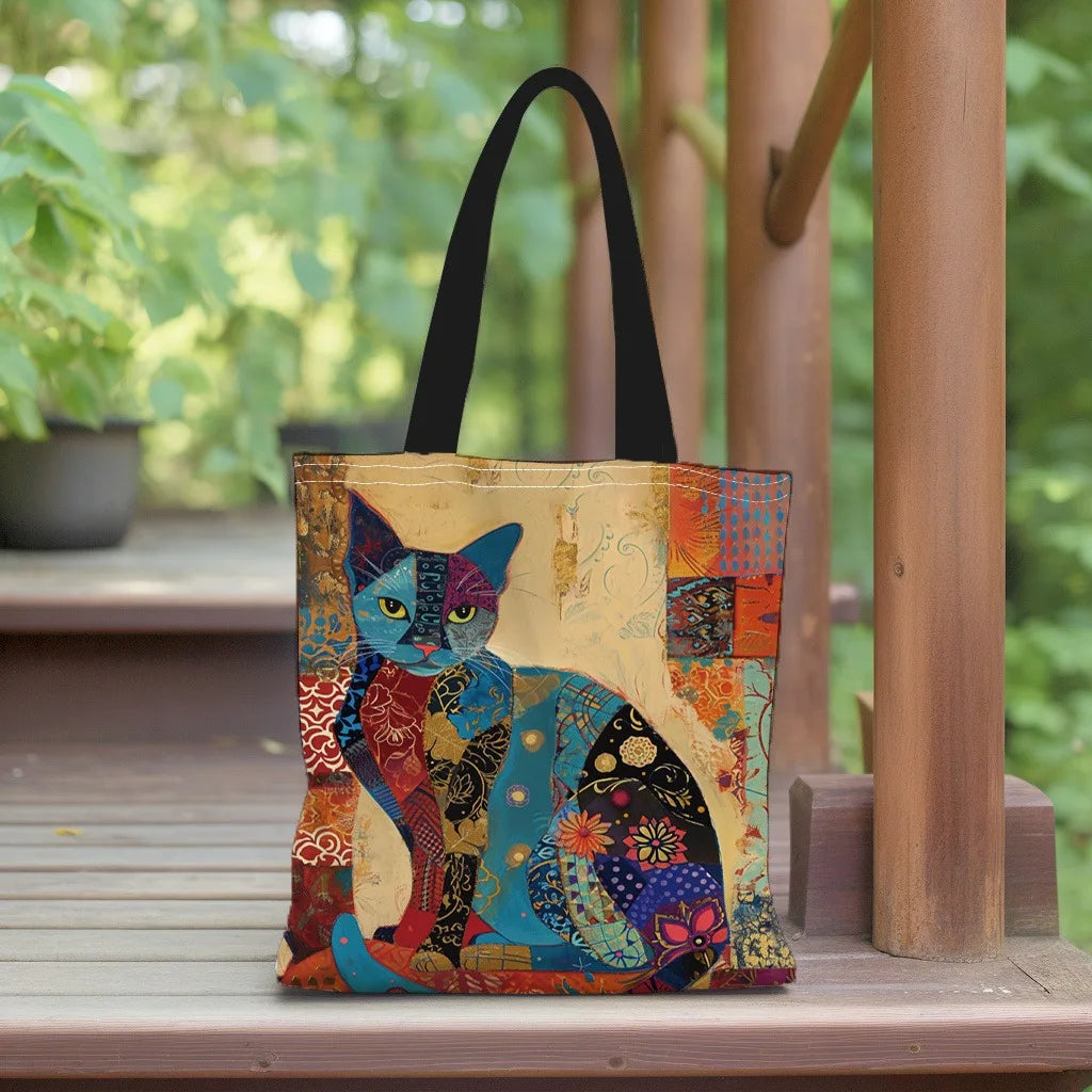 Floral Cat Pattern Tote Bag, Aesthetic Canvas School Shoulder Bag, Lightweight Grocery Shopping Bag Quick Pick Grocers