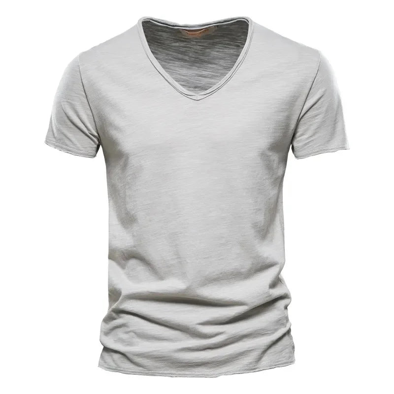 Brand Quality 100% Cotton Men T-shirt V-neck Fashion Design Slim Fit Soild Male Tops Tees Short Sleeve Quick Pick Grocers