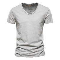 Brand Quality 100% Cotton Men T-shirt V-neck Fashion Design Slim Fit Soild Male Tops Tees Short Sleeve Quick Pick Grocers