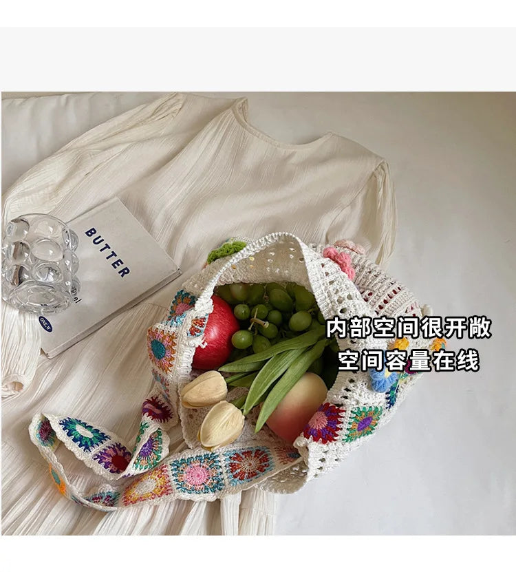 Women's Boho Crochet Bag Designer Flowers Knitted Handbags Large Capacity Summer Beach Woven Shoulder Bag Girls Tote Shopper Bag Quick Pick Grocers