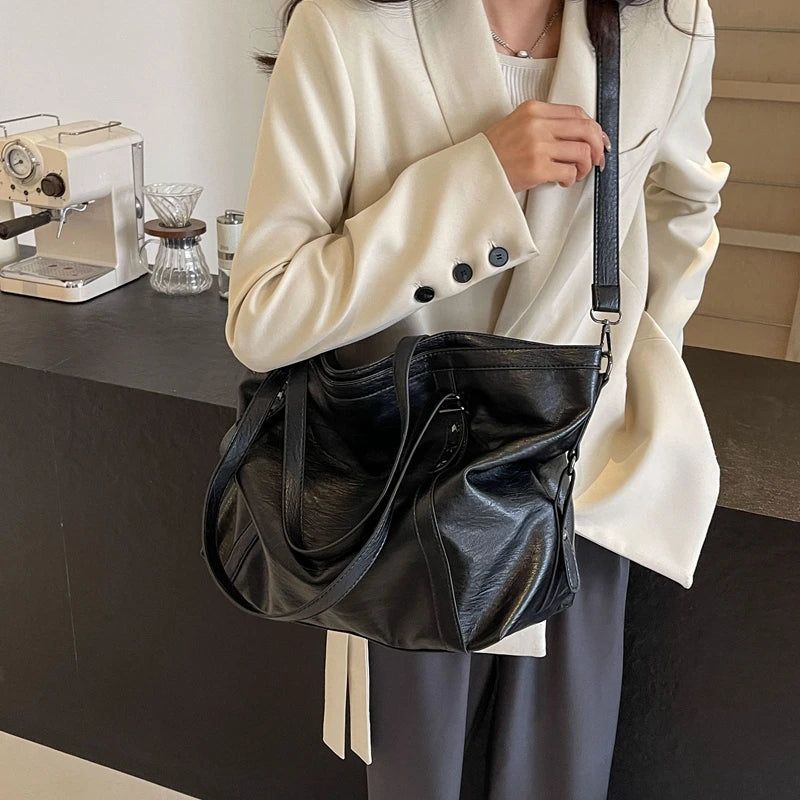 MOODS Large Sized Tote Bags For Women Soft PU Leather Pure Color Large Capacity Shopper Shoulder Crossbody Bag Quality Handbags Quick Pick Grocers