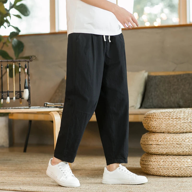 Men's Trousers Cotton Linen Fashion Casual Pants Solid Color Breathable Loose Shorts Straight Drawstring Pants Streetwear Men Quick Pick Grocers