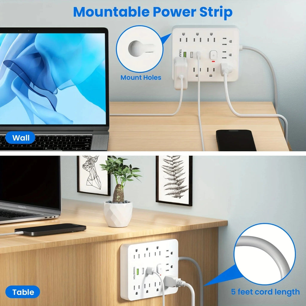 Power Outlet with Surge Protector, 9 sockets 3 USB Ports,5ft Extension Cord, Quick Charge, For Home and Office,White Econic Blanks