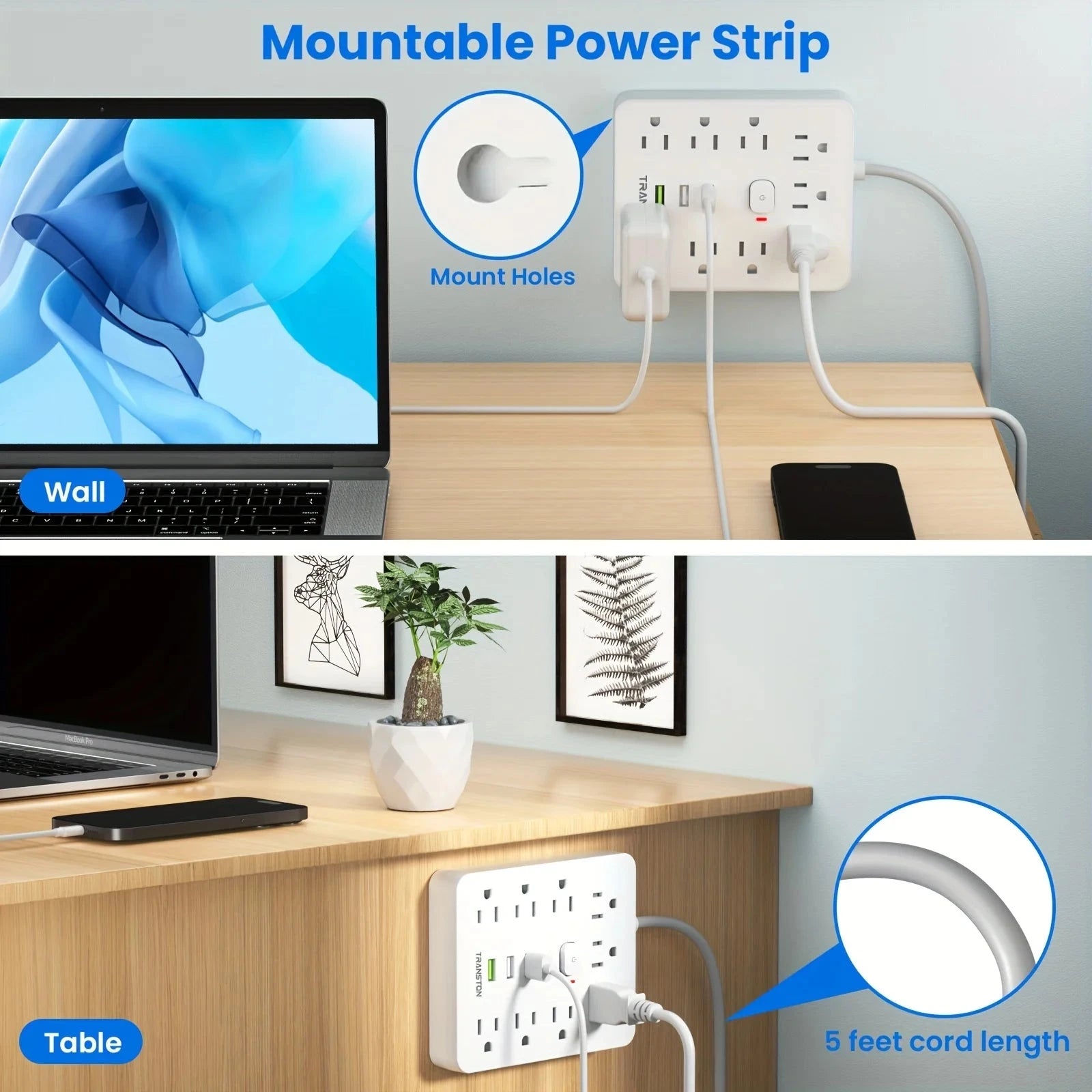 Power Outlet with Surge Protector, 9 sockets 3 USB Ports,5ft Extension Cord, Quick Charge, For Home and Office,White Econic Blanks