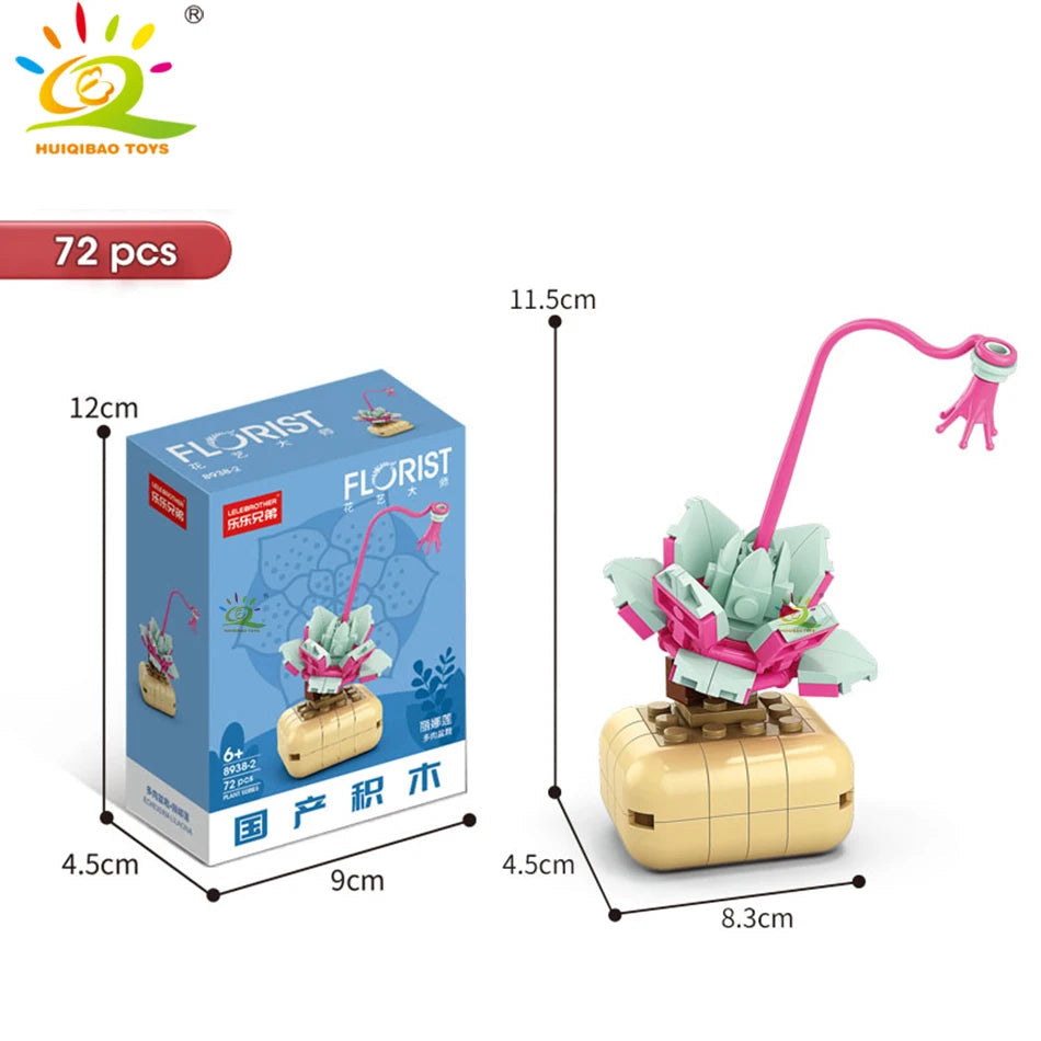 HUIQIBAO MOC Flower Succulent Potted Model Building Block DIY Eternal Bouquet Home Desk Plant Decor Brick Girl Gift Children Toy Quick Pick Grocers