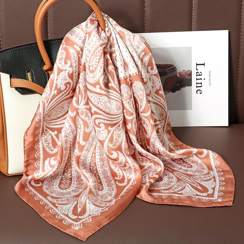 Bohemian Style Print Luxury Brand Silk Square Scarf Women Satin Shawls Neckerchief Wrap Scarves Bandana Hair Hjiab Floral Quick Pick Grocers