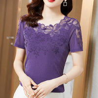 M-5XL Women T-Shirt 2026 New Lace Hollow Embroidery Mesh Tees Tops Fashion Casual Short Sleeve Hot Drilling Women's Shirt Quick Pick Grocers