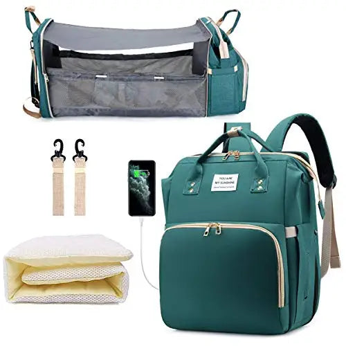 3 In 1 Diaper Bag Backpack Foldable Baby Bed Waterproof Travel Bag with USB Charge Diaper Bag Backpack with Changing Bed 3 types Purest Peak