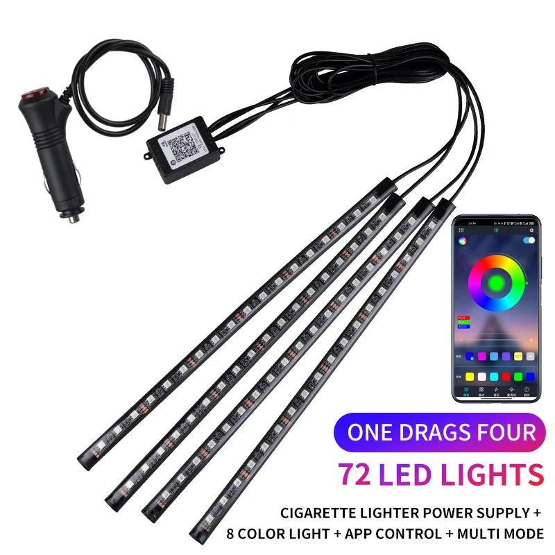 Neon LED Car Interior Ambient Light Kit – RGB Foot Strip Lighting with APP & Remote Control, Music Sync Car Decor Lamp Econic Blanks
