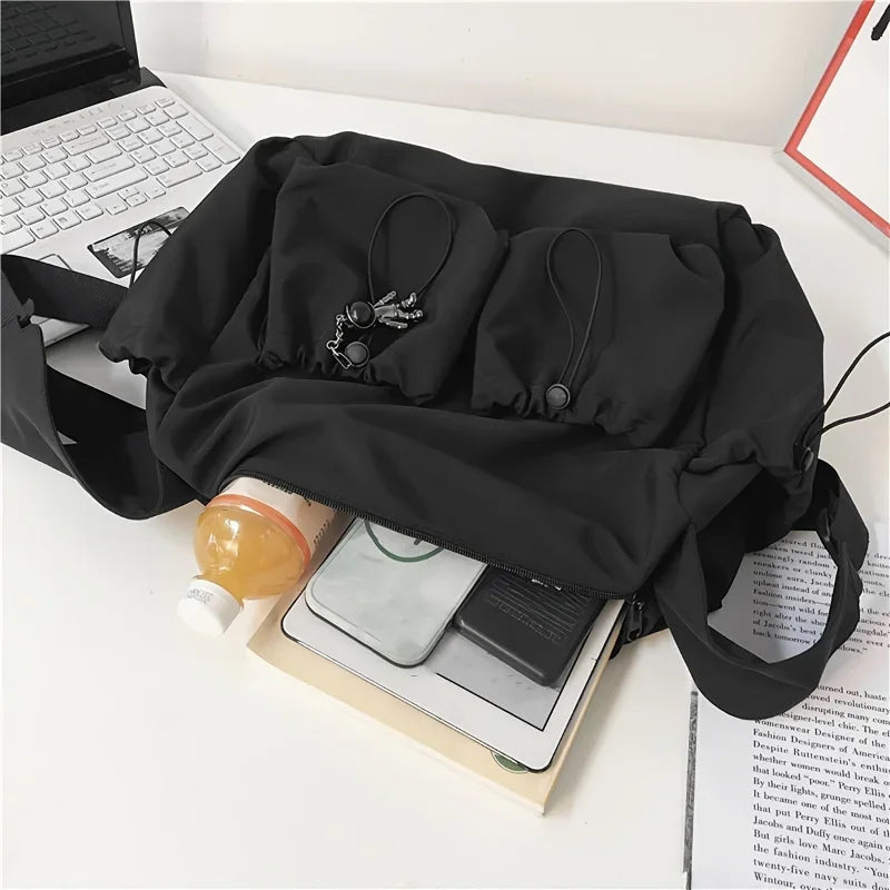Fashionable Crossbody Bag with Drawstring Accent - Spacious & Secure Zipper Closure - Includes Stylish Bag Charm Quick Pick Grocers