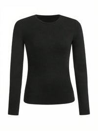 Women's solid-color long-sleeved T-shirt - Polyester knitted fabric, round neck, regular fit, fall-winter style Quick Pick Grocers