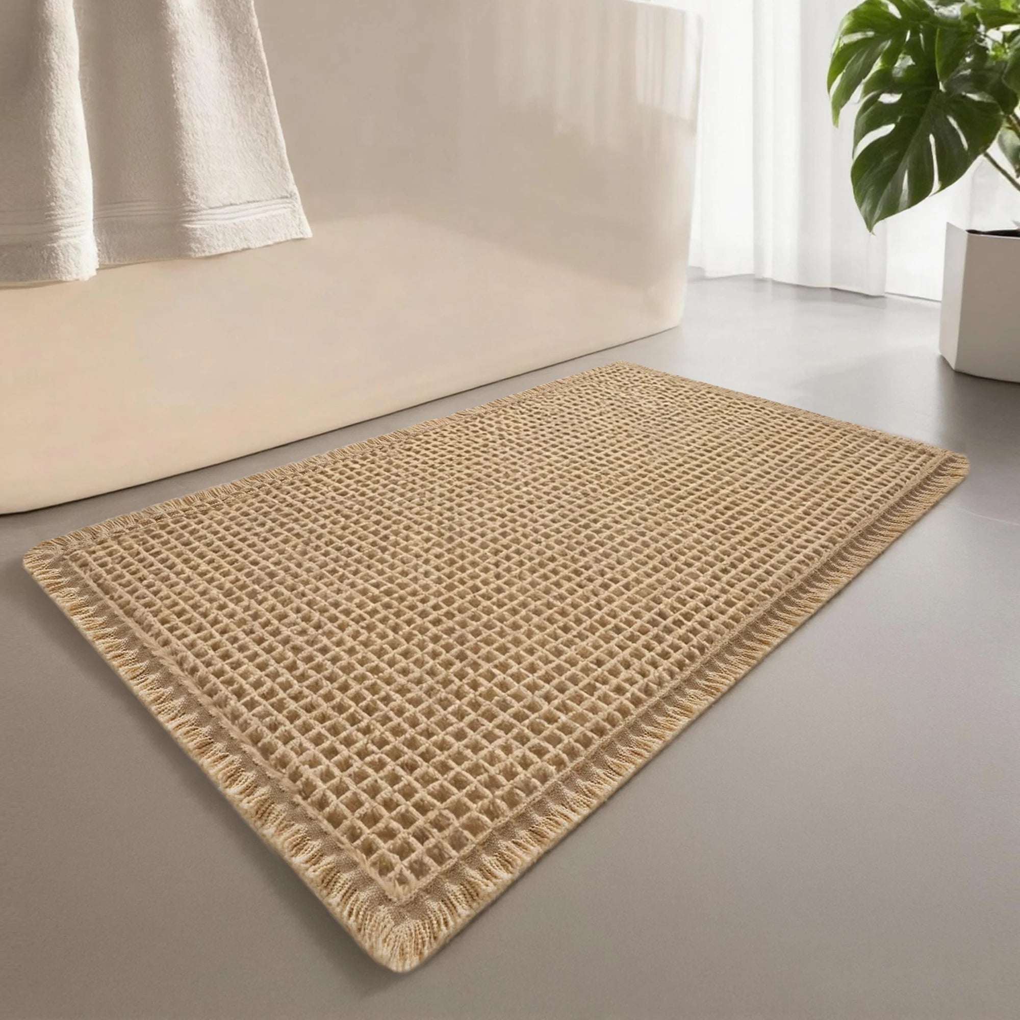 Waffle Bathroom Rugs Soft Non Slip Machine Washable Super Absorbent Bath Mats with Tassels for Bathroom Floor Tub Beside Decor Quick Pick Grocers