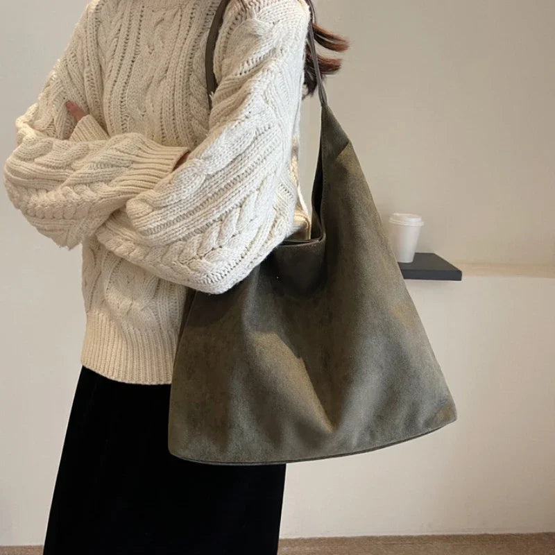 Autumn and Winter Vintage Women's Bag Large Capacity Suede Shoulder Bag Solid Color Simple Casual Commuter Bag Retro Handbags Quick Pick Grocers