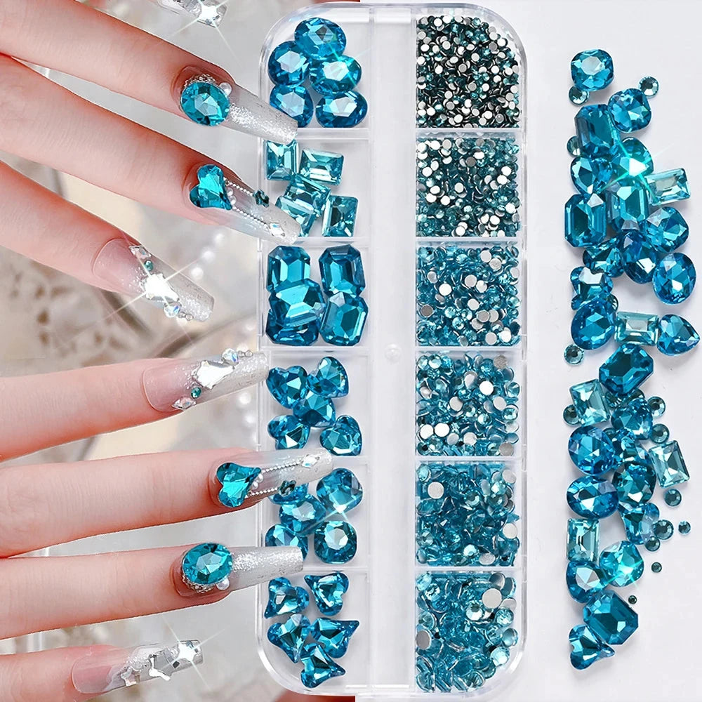 180pcs AB Flatback Glass Nail Art Rhinestones Multi-shape Mixed Diamond Gems Blue Purple Crystal Stones For DIY Nail Decoration Econic Blanks