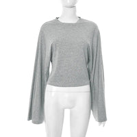 Women's Long Sleeve O-Neck Skinny T-Shirt Monochromatic Crop Top Casual Y2K Streetwear Fashion Pullover Summer Outfit Quick Pick Grocers