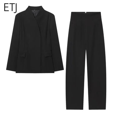 ETJ 2025 women's new fashion design three-dimensional cut high collar slim suit jacket & matching casual trousers Quick Pick Grocers